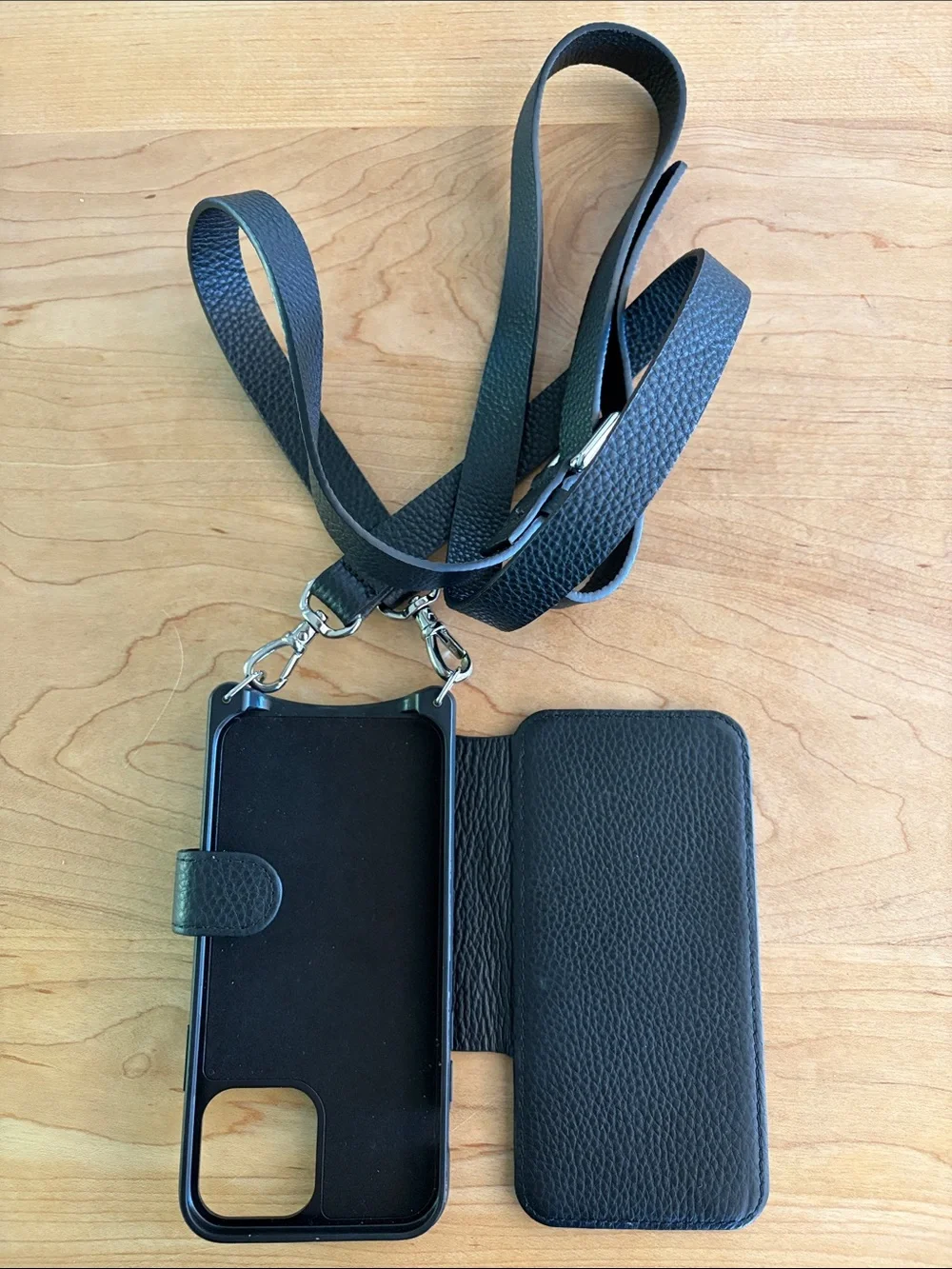 Bandolier Black Pebbled Leather Crossbody Card Phone Wallet with Strap